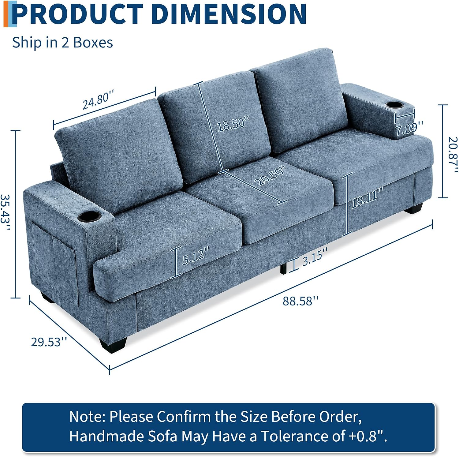 Garvee 89' Modern Sofa for Living Room, 3-Seater Comfy Couches with Deep Seat, Chenille Couch with Cup Holders and Side Storage Pockets for Apartment Lounge, Blue