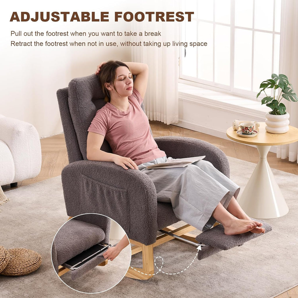 Nursery Rocking Chair,Rubber Wood Base Glider Rocking Chair with Adjustable Footrest and Side Pocket,Teddy Fleece Glider Rocker for Living Room, Bedroom (Teddy Fleece, Dark Gray)