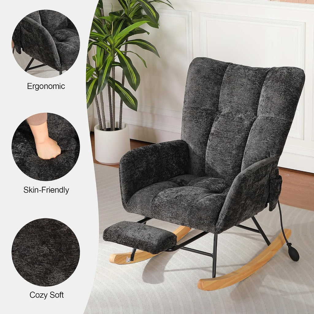 Rocking Chair Nursery with Airbag, Comfy Modern Nursery Rocking Reading Chair Indoor with Footrest, Cozy Upholstered Glider Rocker Chairs for Living Room Bedroom Offices, (Chenille, Black)
