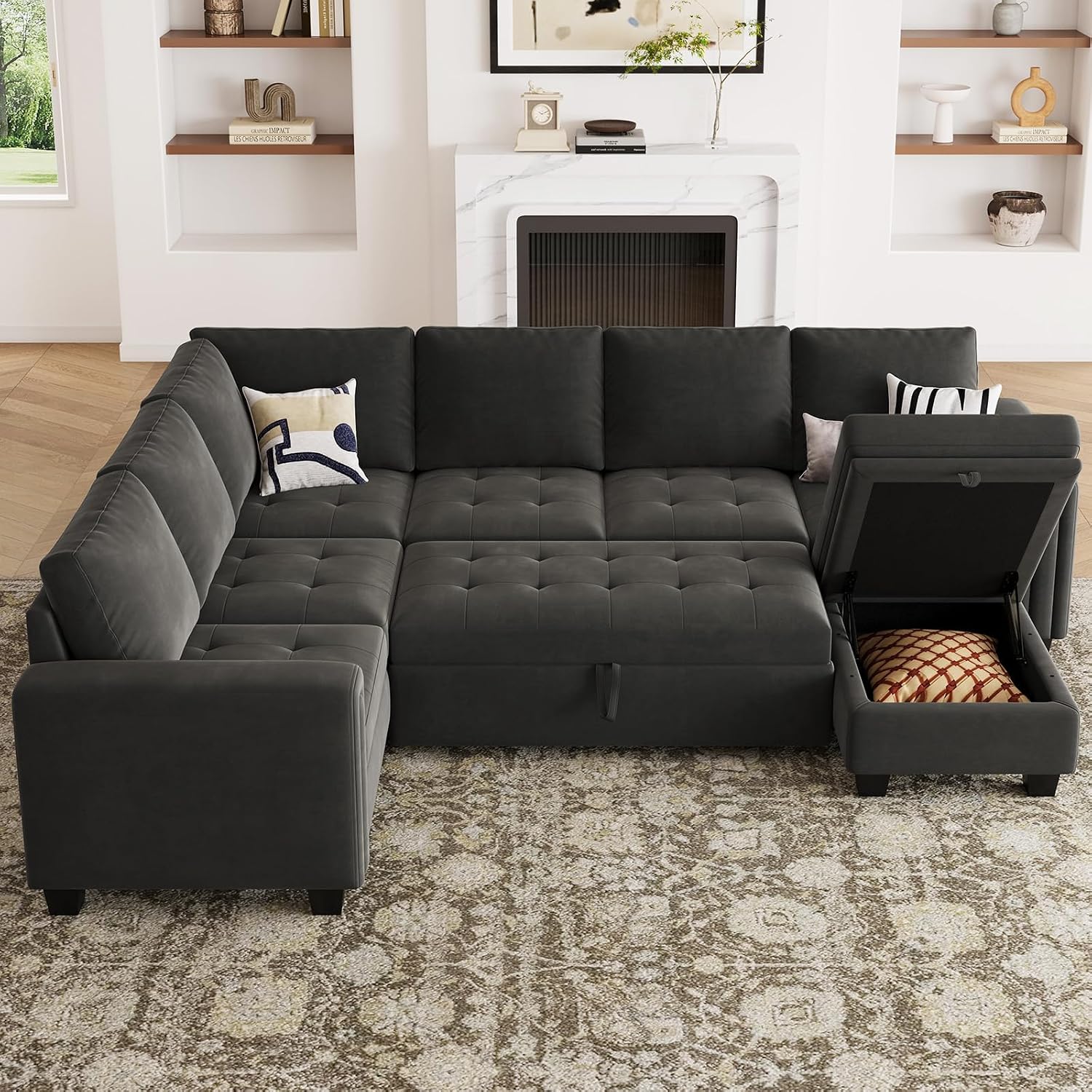 Belffin Modular Sectional Sleeper Sofa with Pull Out Bed U Shaped Sectional Sofa Couch with Storage Ottoman Velvet Covertible 7-Seater Sofa for Living Room Grey