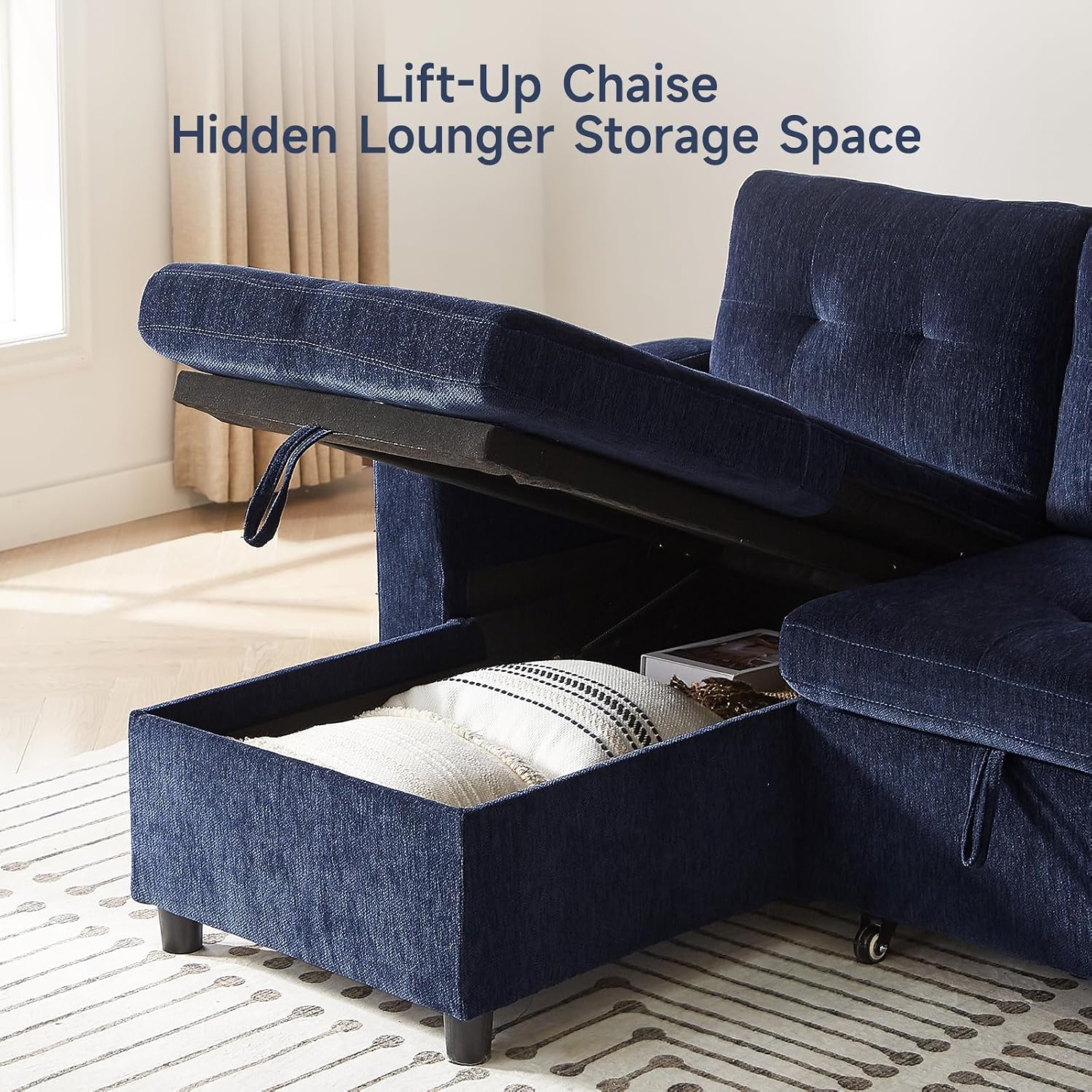 ONBRILL Sleeper Sofa,Pull Out Couch Bed with Storage Chaise,L Shaped Cloud Couch with Adjustable Backrest,Sectional Couches for Living Room,Apartment,Tool-Free Assembly, Chenille,Blue