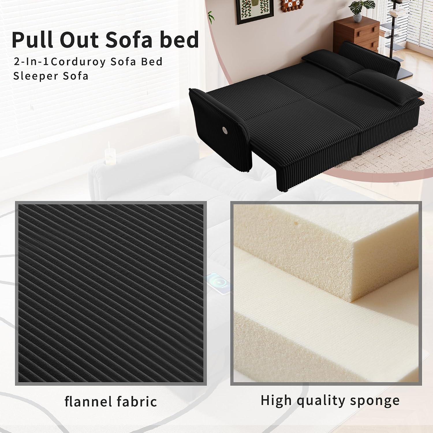 85' Convertible Sofa Bed with Storage Ottoman, Plush Corduroy Fabric Loveseat Pull Out Couch with Adjustable Backrest and USB Charger, 2 Soft Pillows, Couch Bed for Living Room, Small Space,Black