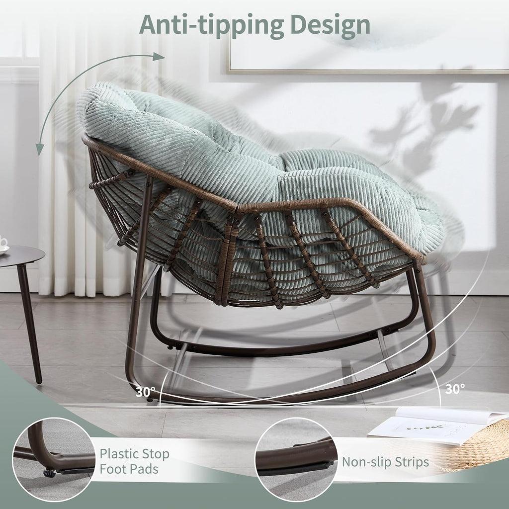 HOMEFUN Outdoor Patio Rocking Chairs, Oversized Papasan Rock Chair Indoor with Striped Velvet Padded Cushion - Rocker Egg Seat for Front Porch, Garden, Patio, Backyard Green