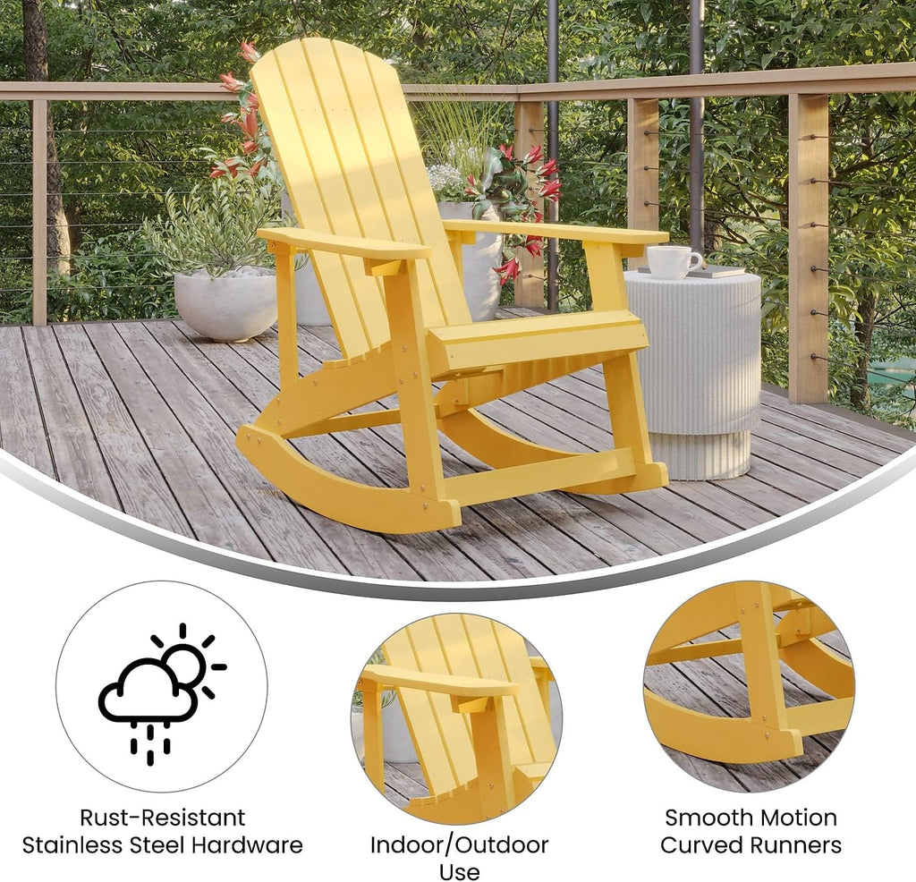 Flash Furniture Savannah Poly Resin Wood Adirondack Rocking Chair - All Weather Yellow Polystyrene - Stainless Steel Hardware - Set of 2