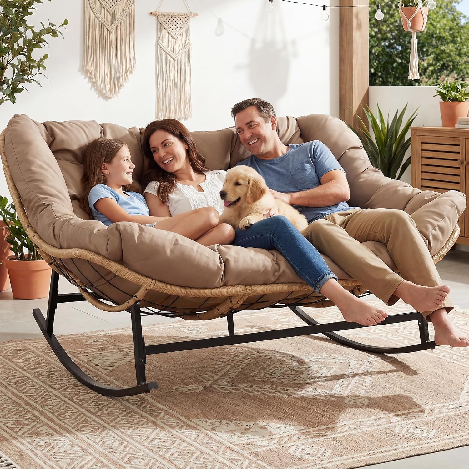 NICESOUL Patio Papasan Rocking Chair for 2, Indoor Outdoor Double Egg Recliner Rocker w/Padded Cushion, Large Wide Oversized Rattan Lounge Glider for Living Room Balcony Inside Outside, Brown