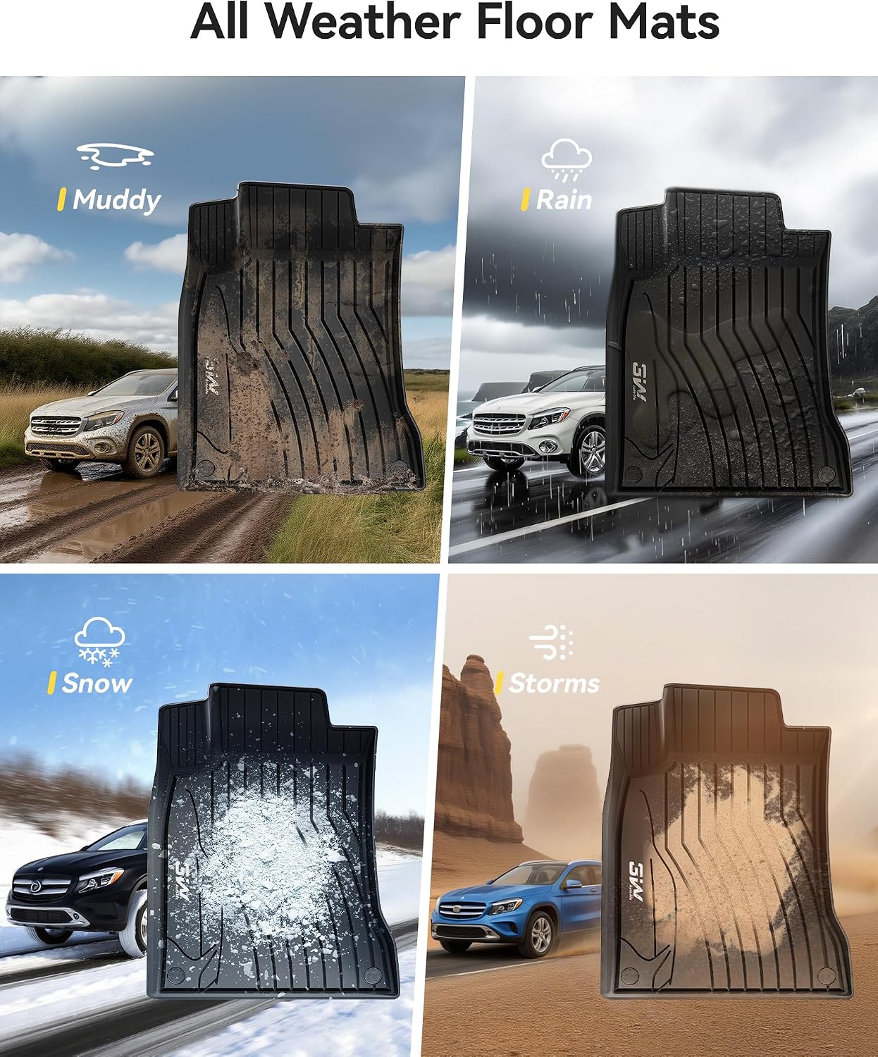 3W Floor Mats for Mercedes Benz GLA 2015-2020 250/45 AMG, TPE All Weather Custom Fit Floor Liner for Benz GLA Accessories 1st and 2nd Row Full Set Car Mats Easy Clean, Black