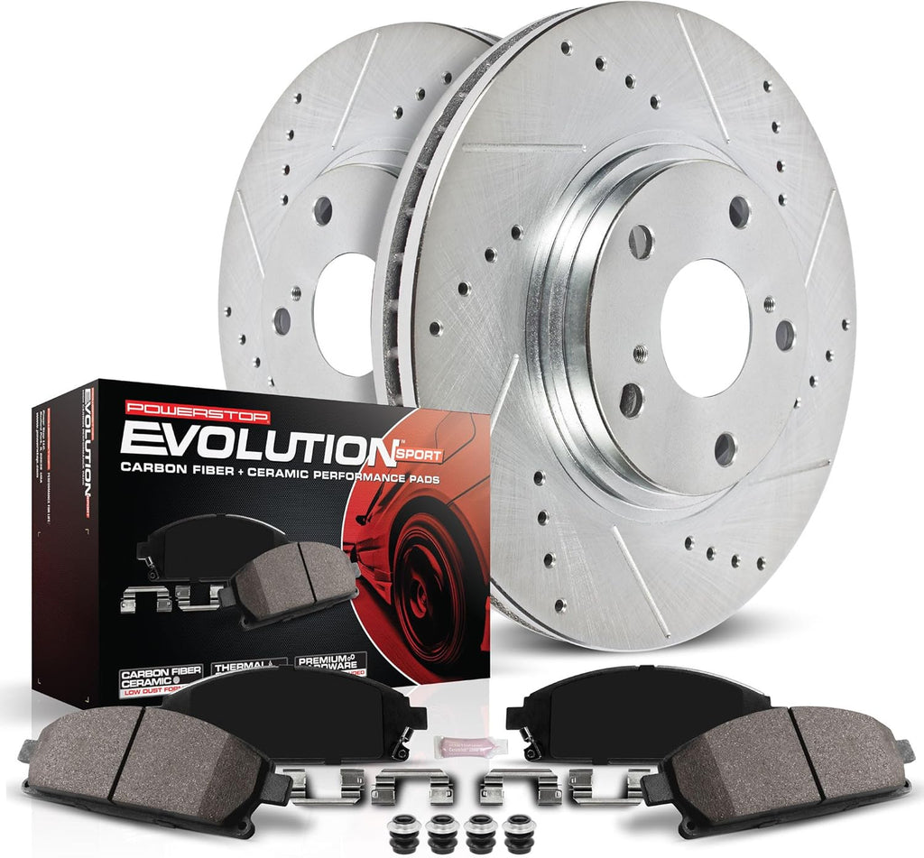 PowerStop Front Brake Kit for Audi A3 2015-16 |A3 Quattro 2015-18 |A3 Sportback e-tron 2016-18 - Drilled and Slotted Disc Rotors with Carbon-Fiber Ceramic Brake Pads Replacement, K7080