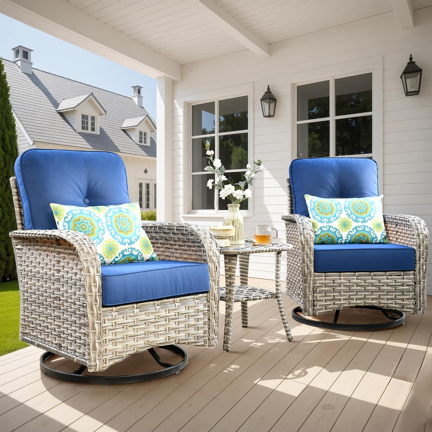 ovios Outdoor Swivel Rocking Chair Set of 3 with Coffee Table, Patio Wicker Rocker with Comfortable Thicken Deep Seating, Comfy Rattan Glider Chairs for Porch Deck Balcony Garden Backyard, Navy Blue