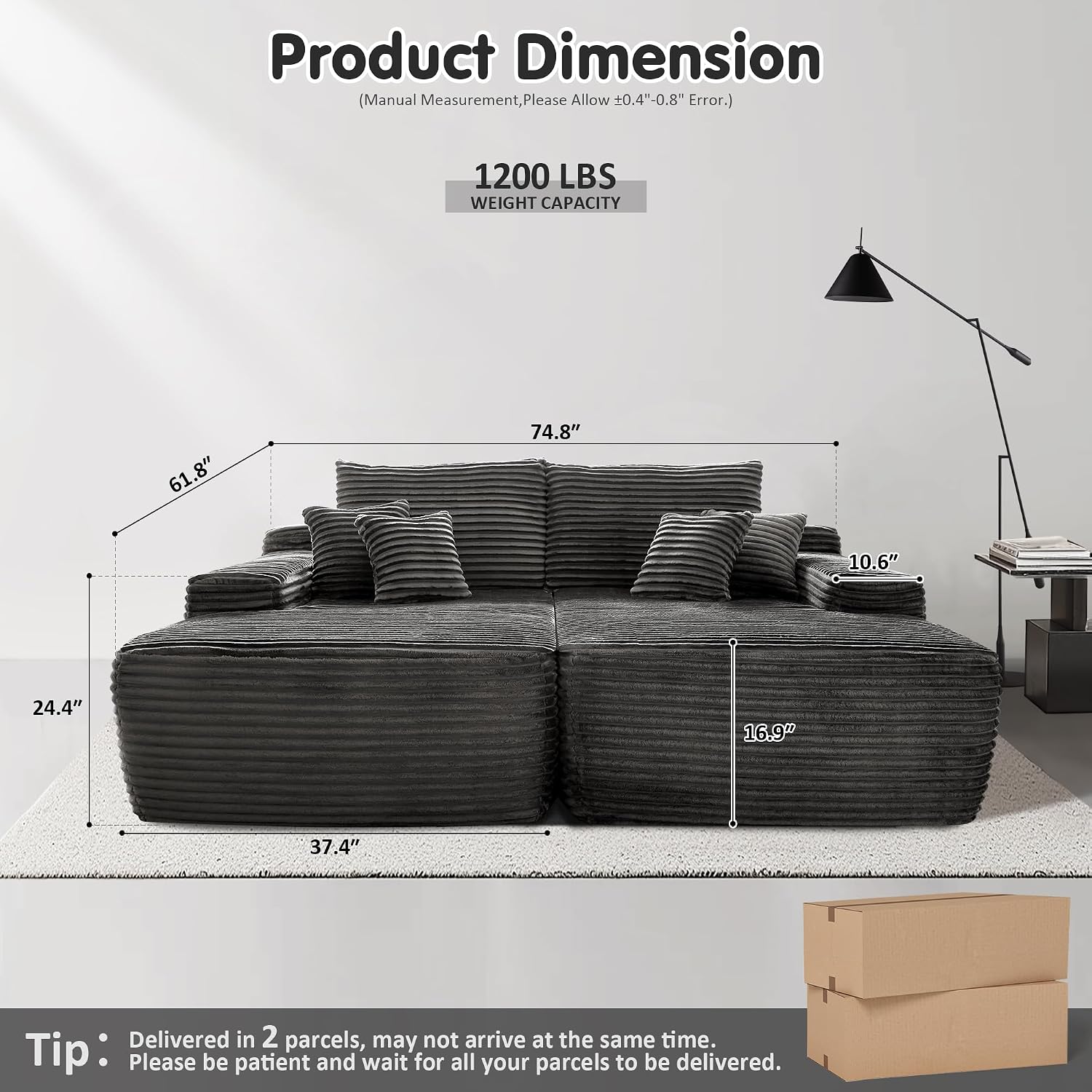 ovios 75' Oversized Sectional Double Lounge Chaise with Cloud Plush Sofa Bed, No Assembly Required, Fluffy Modern Sleeper Loveseat Chair for Indoor Living Room Bedroom Reading, Grey