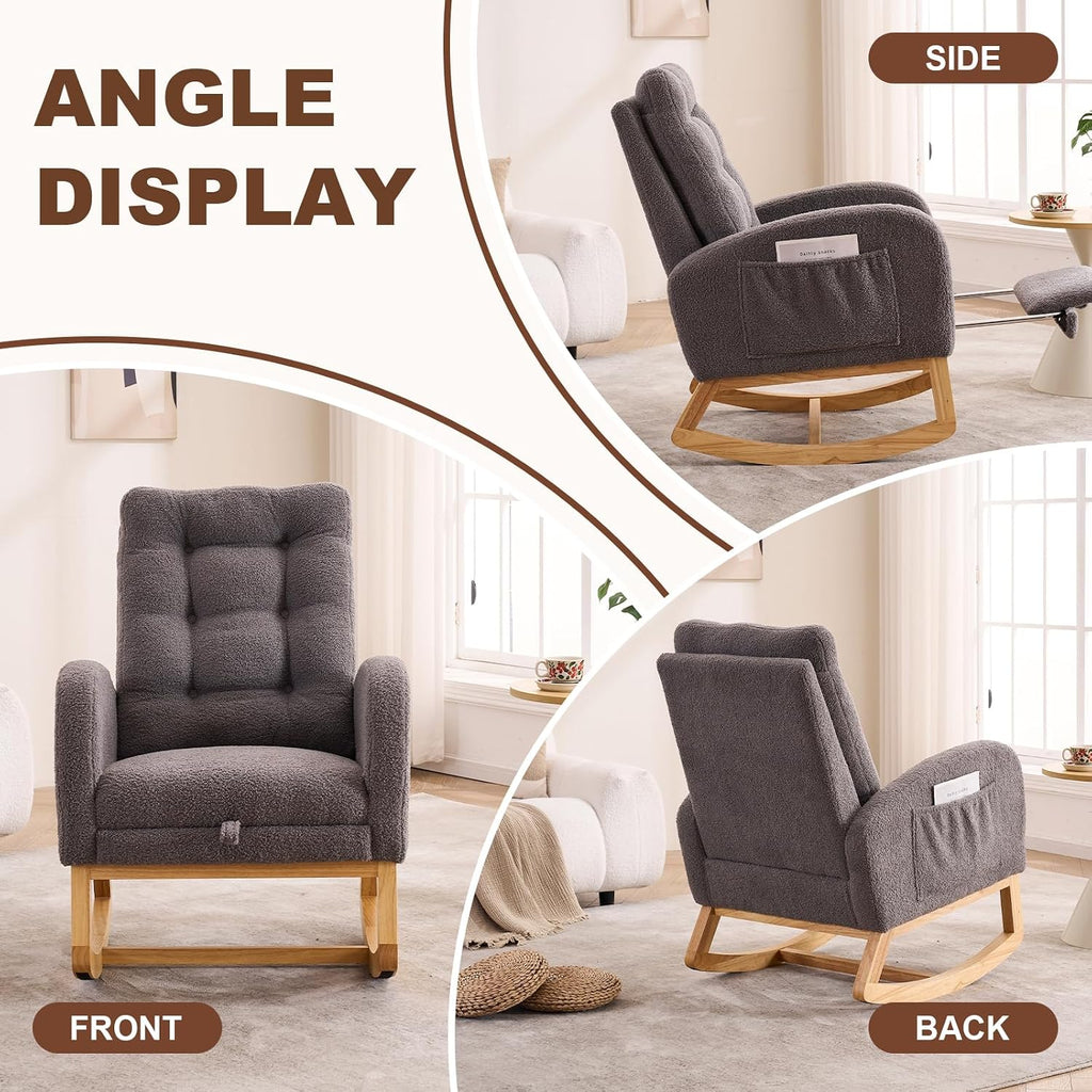 Nursery Rocking Chair,Rubber Wood Base Glider Rocking Chair with Adjustable Footrest and Side Pocket,Teddy Fleece Glider Rocker for Living Room, Bedroom (Teddy Fleece, Dark Gray)