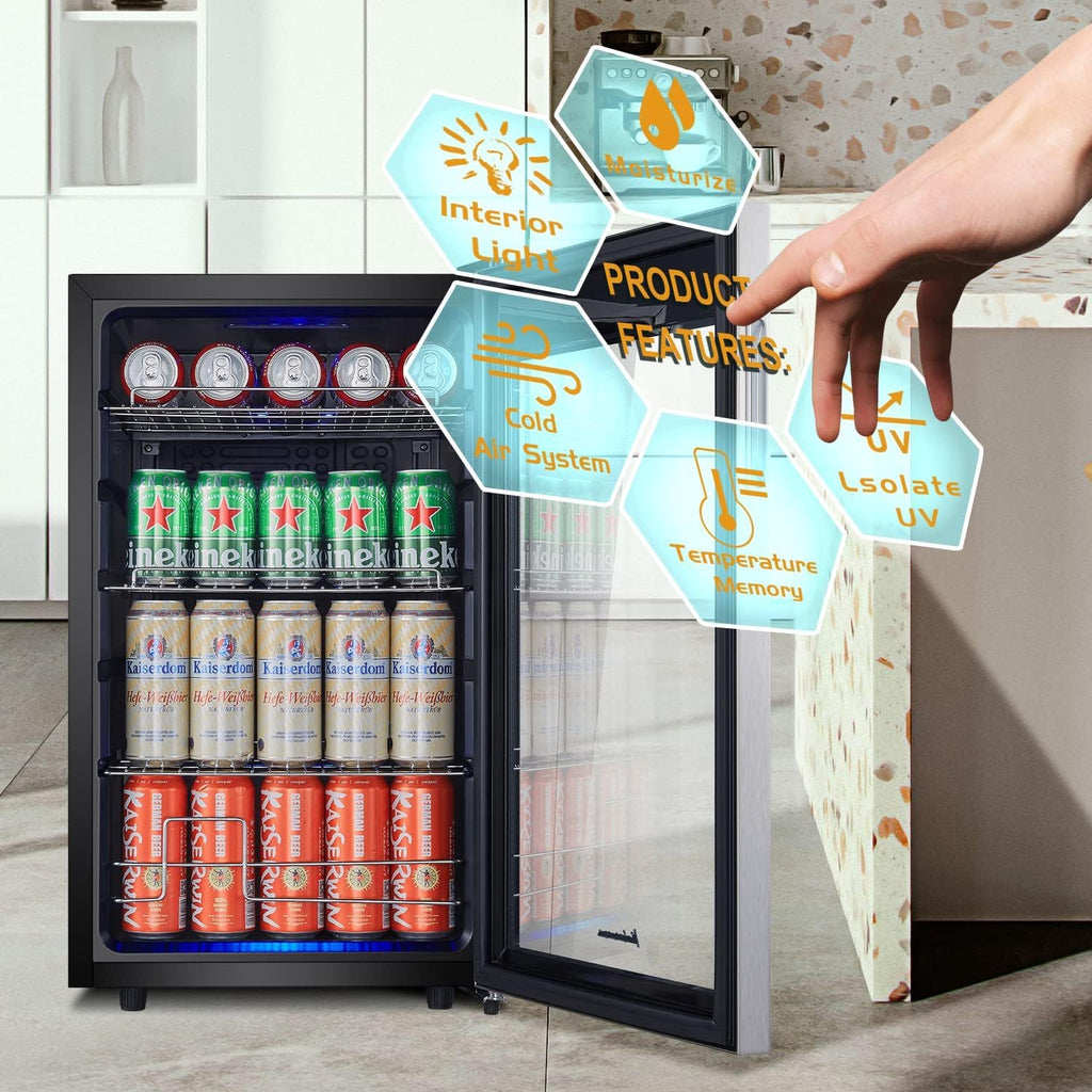 Kalamera Mini Beverage Refrigerator Freestanding- 102 Cans Capacity Beverage Cooler- for Soda, Water, Beer or Wine - For Kitchen or Bar with Whit Interior Light.