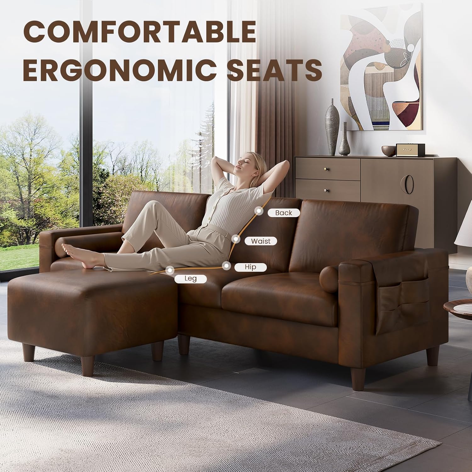 Vesgantti 100' L Shaped PU Faux Leather Sofa with Movable Ottoman, 3 Seater Leather Sectional Couch with Side Pocket, Comfy Modern Modular Couch for Living Room, Apartment, Cocoa