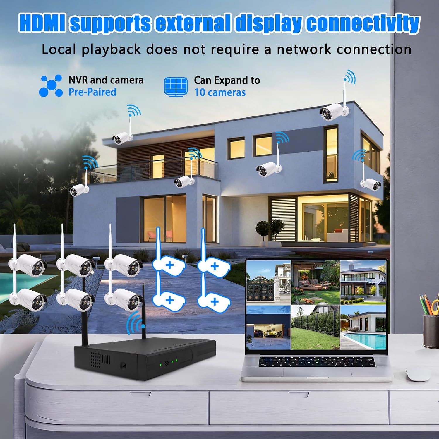 3MP Wireless Security Camera System – 6 Wi-Fi Bullet Cams + 10CH NVR, 15m IR Night Vision, IP66 Weatherproof, H.265, Plug-and-Play Indoor/Outdoor Surveillance, Mobile Alerts, Dual Storage