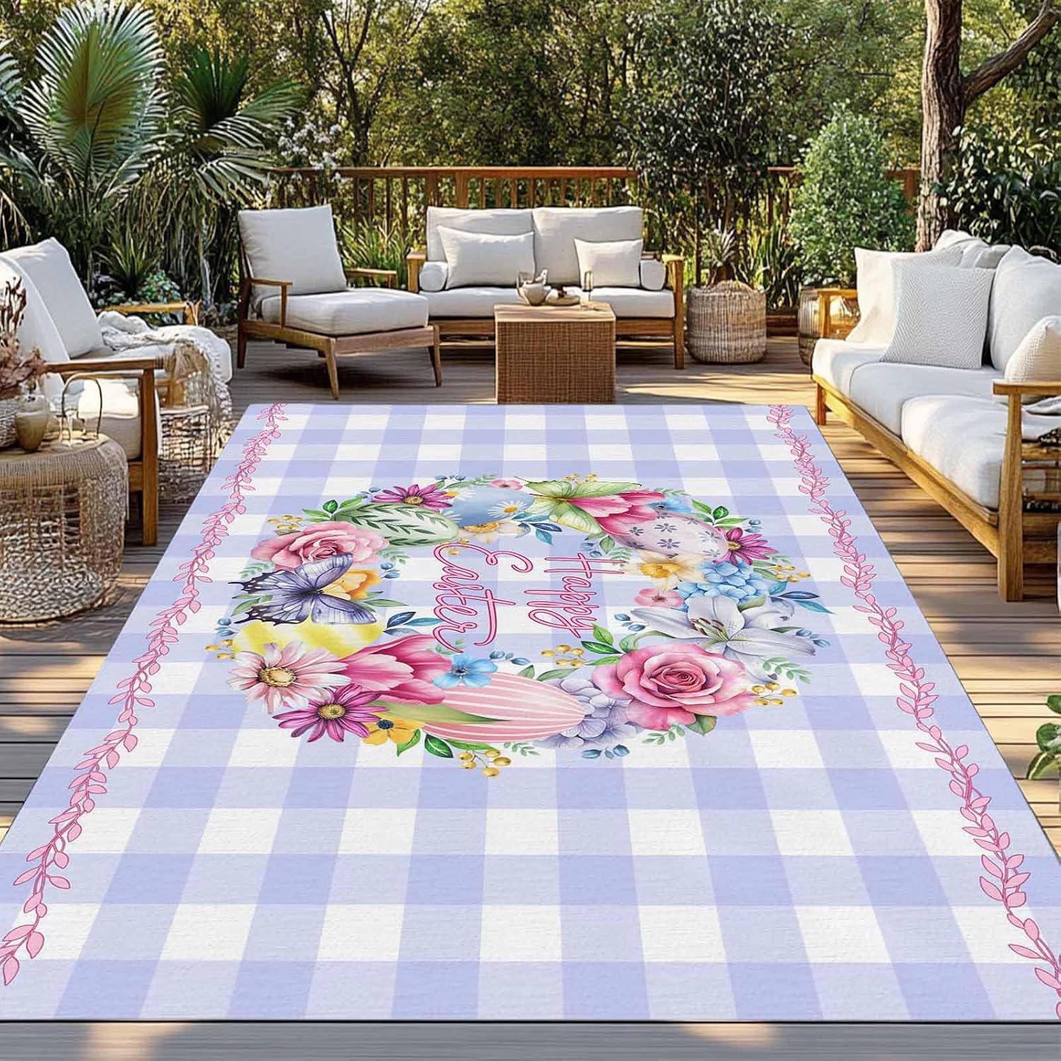 Happy Easter Outdoor Rug for Patio/Deck/Porch, Non-Slip Large Area Rug 5 x 8 Ft, Colorful Eggs Flowers Butterfly Purple Plaid Indoor Outdoor Rugs Washable Area Rugs, Camping Rug Carpet Runner