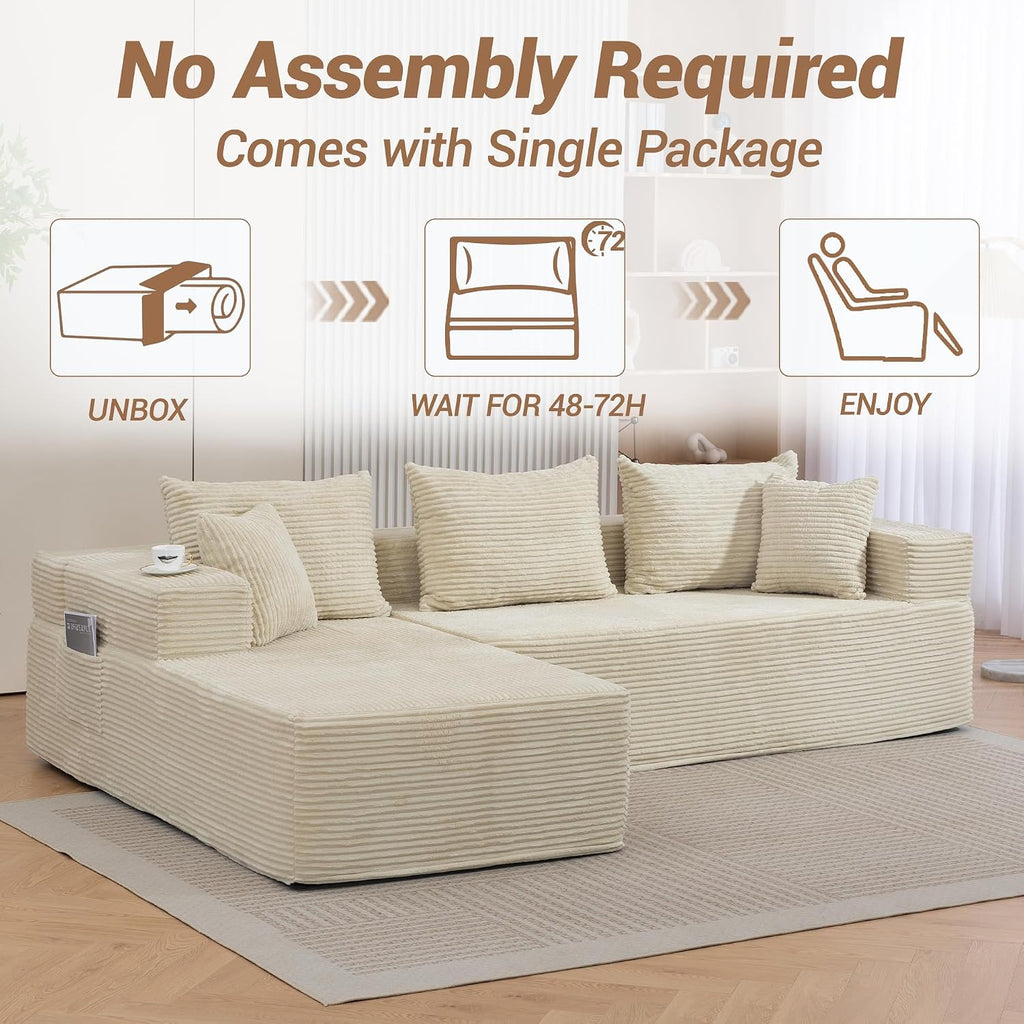 105'' Modular L-Shaped Boneless Sectional, Corduroy Deep Seat Cloud Sectional Couch, Small Space Sofa for Apartment Living Room Bedroom, No Assembly, Beige
