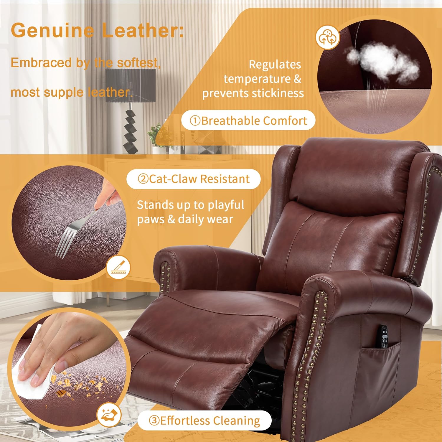 360° Swivel Glider Chair for Nursery, Wingback Genuine Leather Rocking Recliner with Lumbar Heat & Massage, 8-Point Vibration Massage for Living Room Bedroom