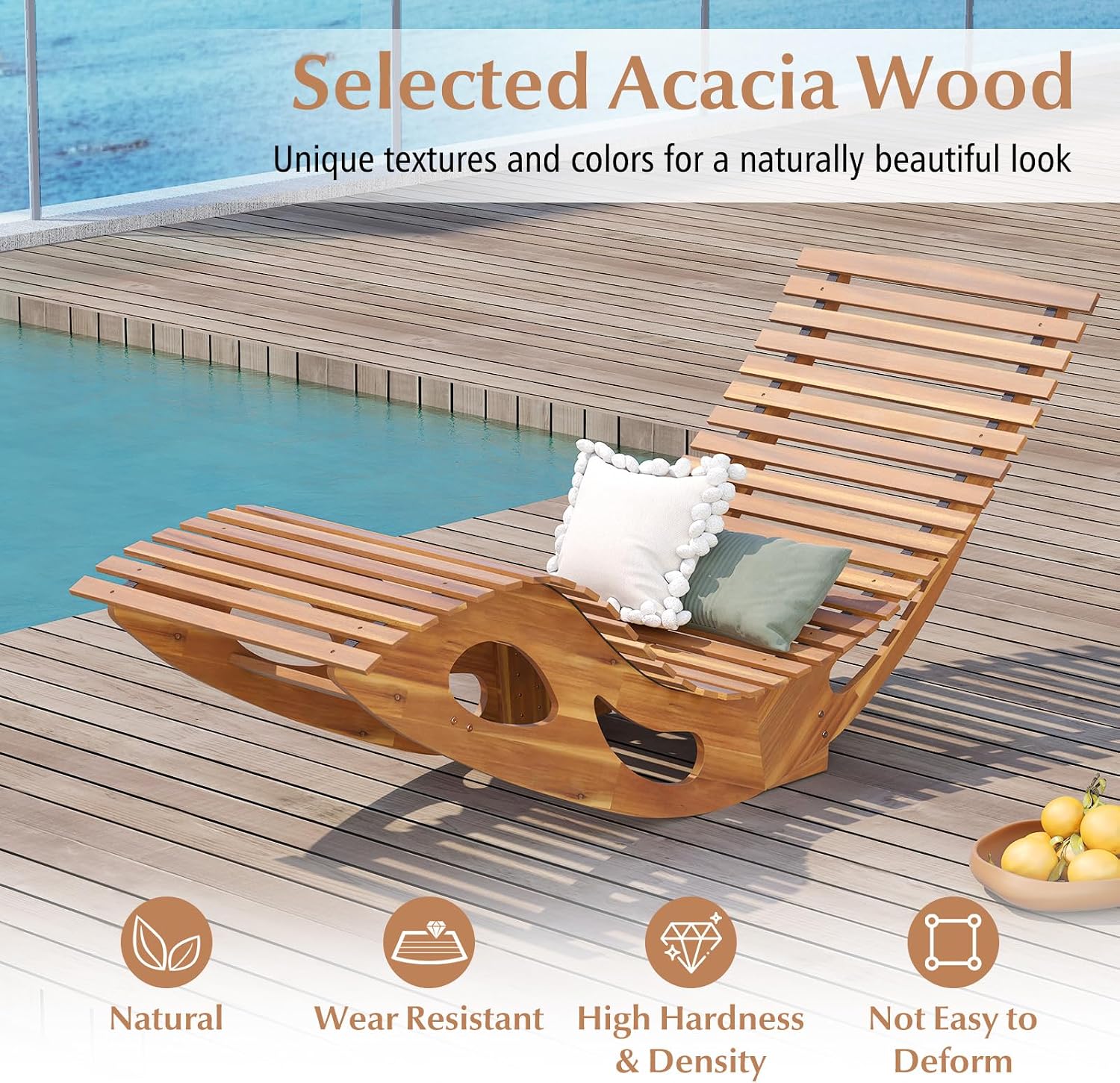 Giantex Acacia Wood Outdoor Rocking Chair, Set of 2 Patio Lounge Chair with Ergonomic Curved & Slatted Seat, High Back, Bottom Stopper, Outside Chaise Lounge, 63'x23.5'x26' Pool Lounger for Porch