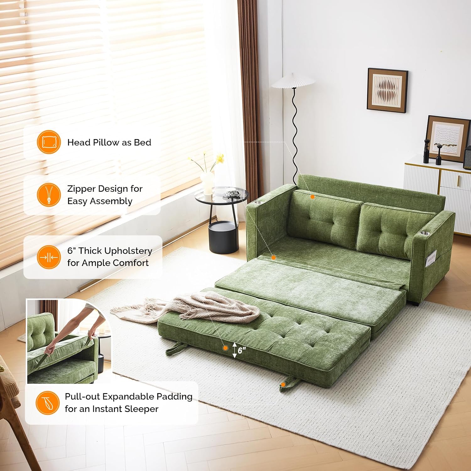 VINGLI Sofa Bed Full Size Pull Out Couch Bed Olive Green Futon Couch 64' W 84' L Loveseat Sleeper Floor Couches for Living Room Convertible Loveseat Sofa Foldable Sofa Bed