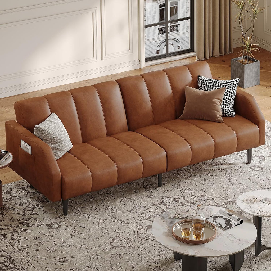 COPIAE Faux Leather Sofa Bed, 78' Futon Sofa Bed, Adjustable Futon Set Backrest, Sleeper Sofa Couch, Modern Decor Love Seat Couches, Upholstered Couch for Living Room, Bedroom, Light Brown