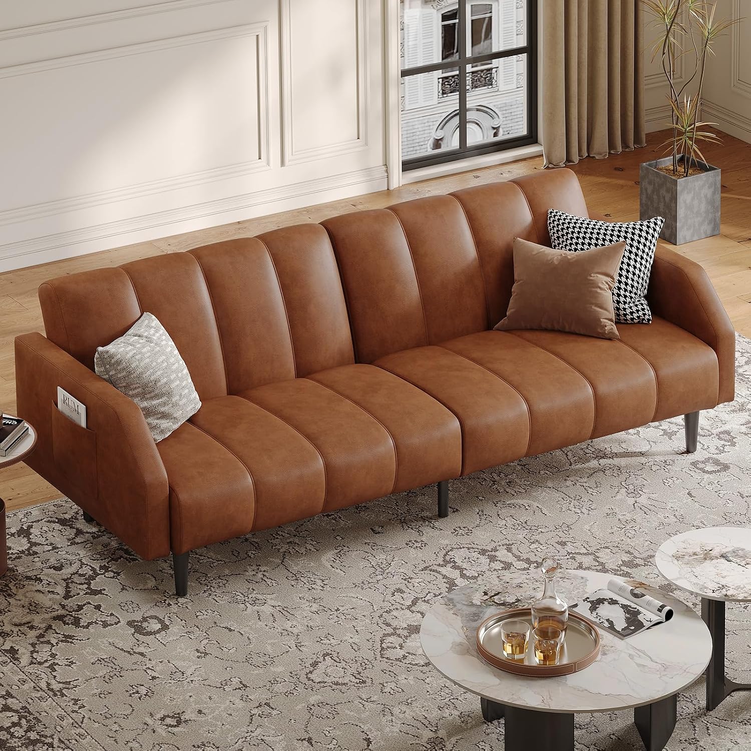 COPIAE Faux Leather Sofa Bed, 78' Futon Sofa Bed, Adjustable Futon Set Backrest, Sleeper Sofa Couch, Modern Decor Love Seat Couches, Upholstered Couch for Living Room, Bedroom, Light Brown