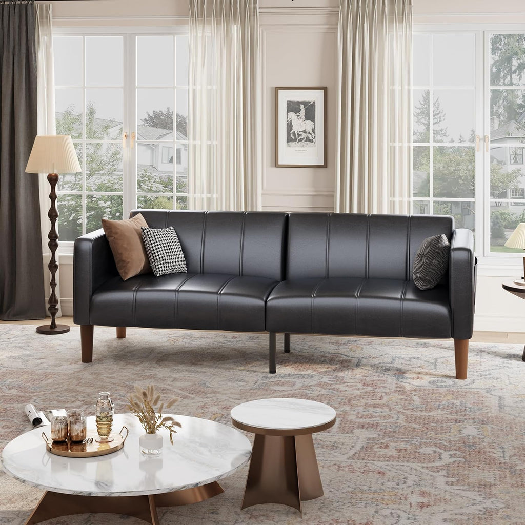 GarveeHome Futon Sofa Bed, 75-Inch Modern Faux Leather Convertible Couch, Mid-Century Loveseat for Small Space, Living Room, Bedroom, Black