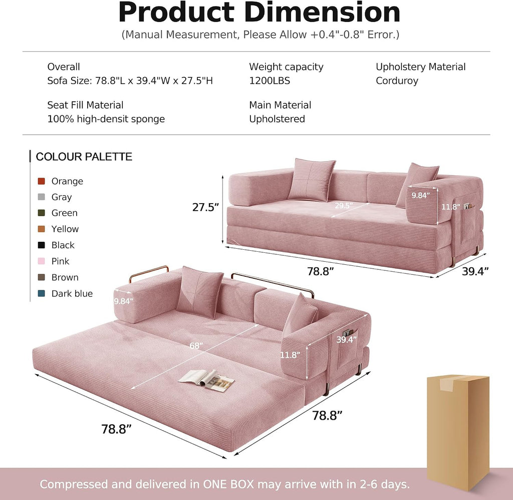 MoonSpeak 78.8''Sleeper Couch Bed for Livingroom,Convertible Modular Sofa with Armrest Pillow,Modular Foldable Corduroy Couches in a Box,No Assembly (Pink)