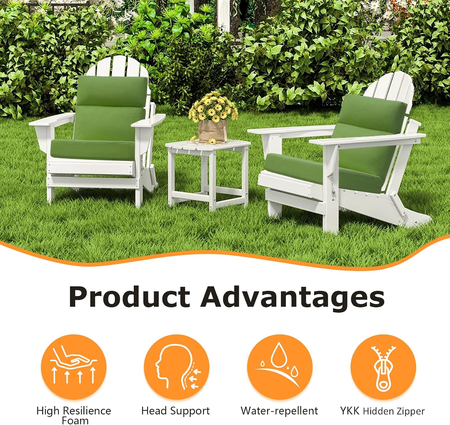Unimatta Outdoor High Back Chair Cushion Seat Pads, 44 x 21 Inch Water-Repellent & Fade-Resistant Patio Furniture Cushions with Ties for Adirondack, Rocking Chairs, Lawn Green
