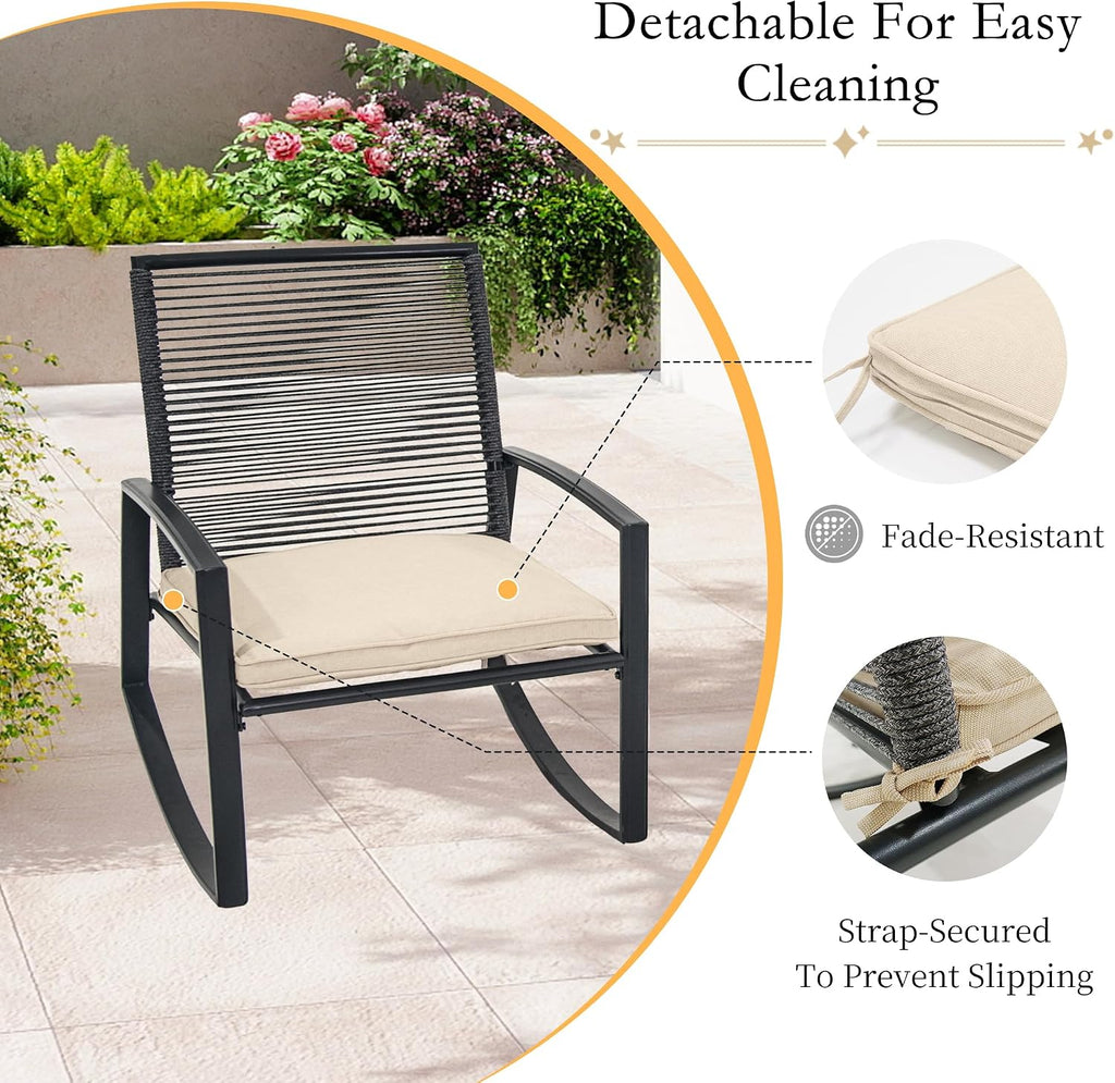 Domi Outdoor 3-Piece Wicker Rocking Chair Set, Patio Conversation Set with Removable Textilene Cushions & Metal Coffee Table, All-Weather Outside Chair Set of 3 for Balcony, Backyard, Pool, Beige