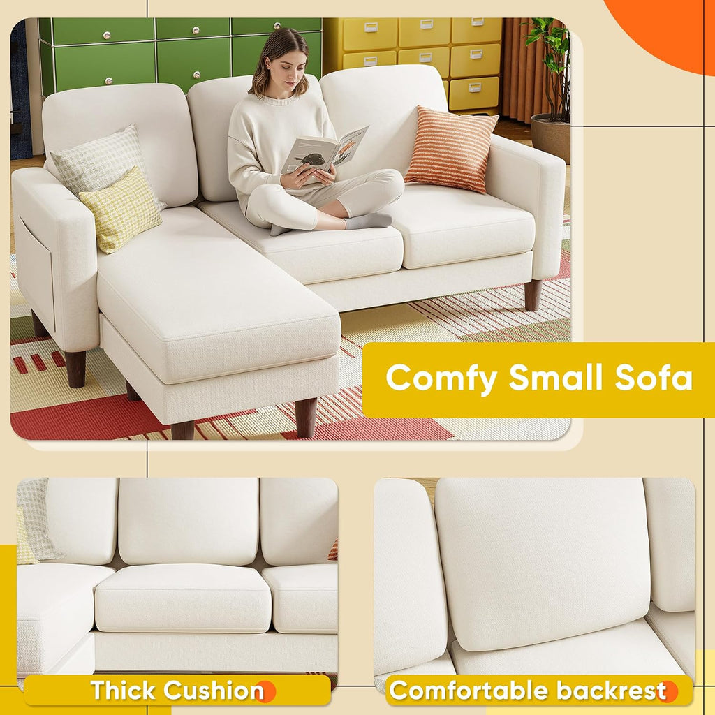 YESHOMY Couches for Living Room, Sofa with Movable Ottoman, Small Couch with Reversible Chaise and Side Pockets, L Shaped Couch for Small Space, Apartment (Linen Fabric, Beige)