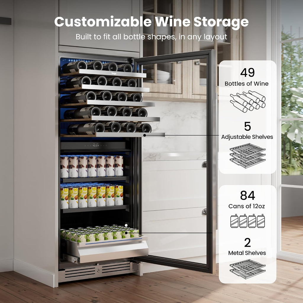 Yeego 24 Inch Wine Fridge – 34°F-65°F Wine and Beverage Cooler, 304 Stainless Steel Glass Door Lock, Temp Memory Blue & White LED Built-in Fridge with Adjustable Shelves (112 Can+40 Bottle)