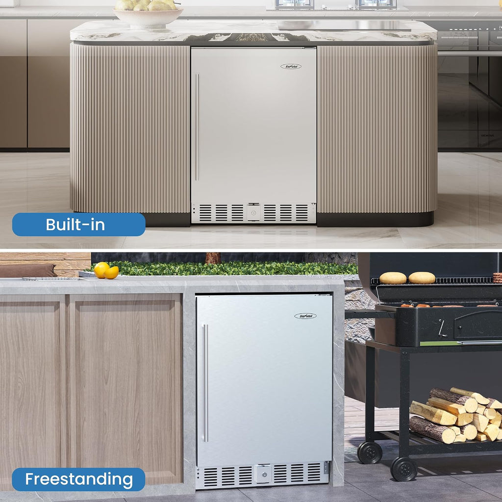 SUNVIVI Outdoor & Indoor Beverage Refrigerator, 24 Inch Stainless Steel Under Counter Drink Fridge, Silver Weatherproof Can Cooler Wine Chiller with Lock for Kitchen, Office, Patio, Bar, Home