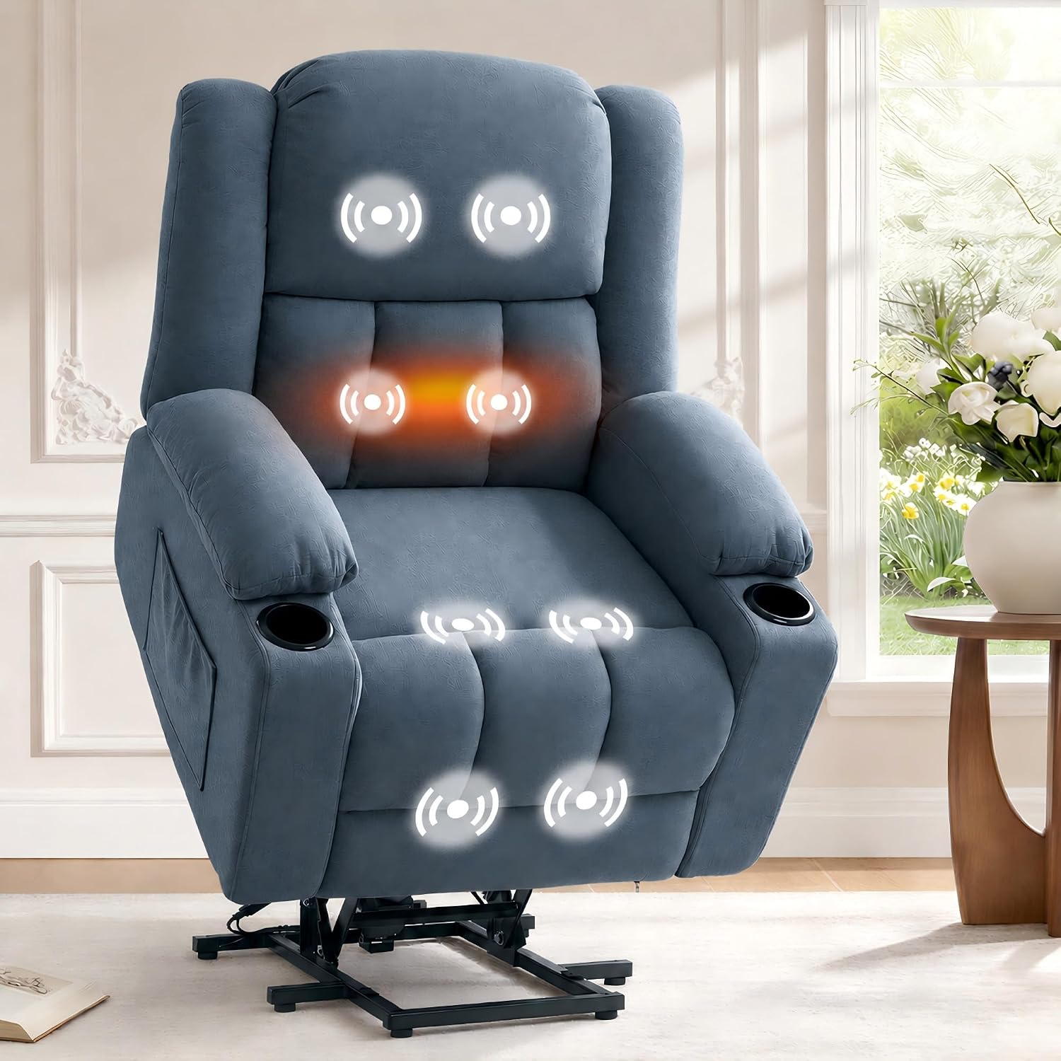 FLEXISPOT XL31 Power Lift Recliner Chair for Elderly, Electric Lift Chair with Massage & Heat, Fabric Reclining Sofa w/USB & Type-C Charging for Living Room Bedroom(Medium Size, Denim Blue)