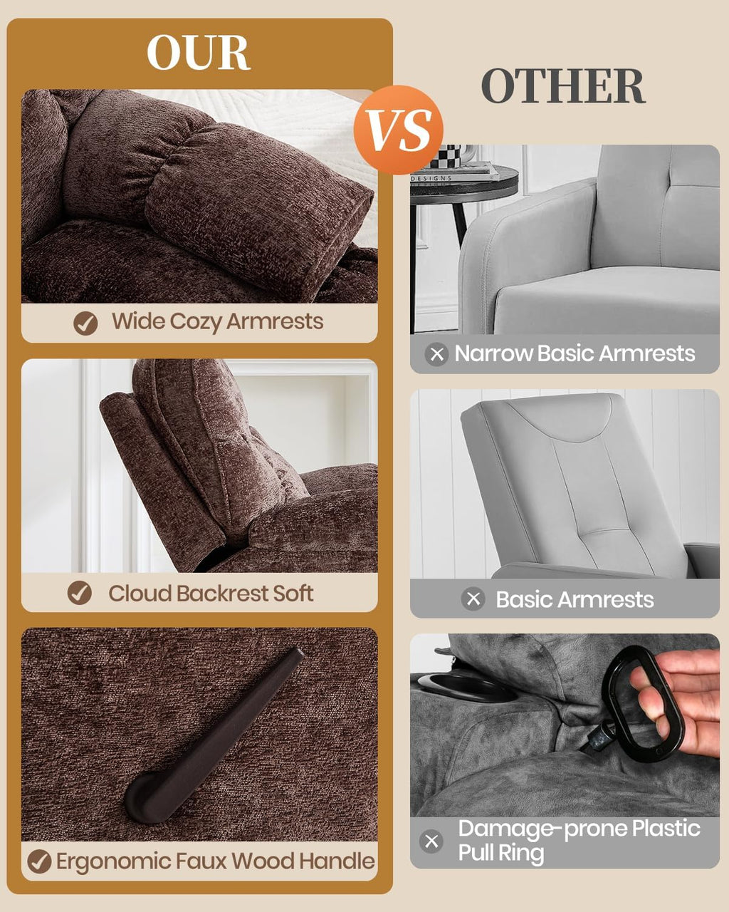 Oversized Manual Recliner Chair with 360° Swivel, Big and Tall Rocker Glider for Nursery Living Room, Chenille Overstuffed Reclining Sofa with Handle, 375lbs (Brown, Manual)
