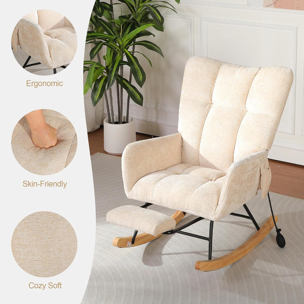 Nursery Rocking Chair with Airbag, Comfy Modern Rocking Reading Chair Indoor with Footrest, Cozy Upholstered Glider Rocker Chairs for Living Room Bedroom Offices, (Chenille, Beige)