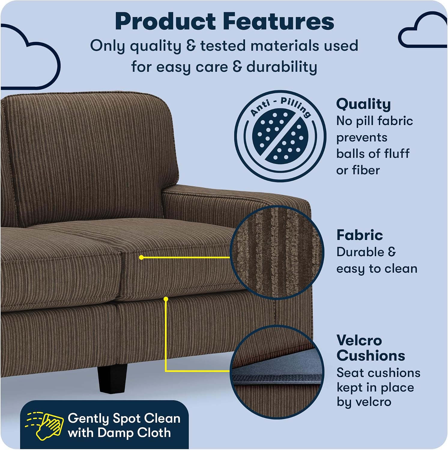 Serta Palisades 61' Track Arm Sofa, Easy Care Polyester, Soft Pillow Back, Pocket Coil Seat Cushions, Removable Covers, Loveseat or Couch for Small Spaces, Living Rooms or Bedrooms, Brown