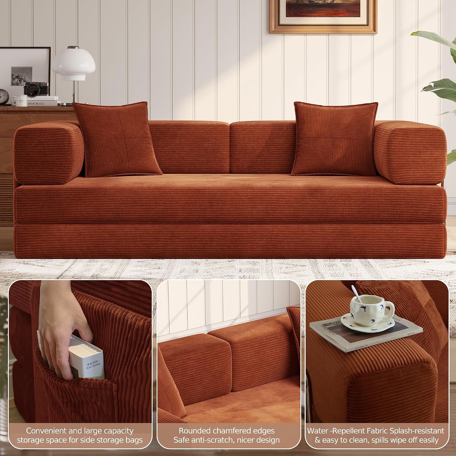 MoonSpeak 78.8''Sleeper Couch Bed for Livingroom，Convertible Modular Sofa with Armrest Pillow，Modular Fldable Corduroy Couches in a Box,No Assembly (Rust Red)