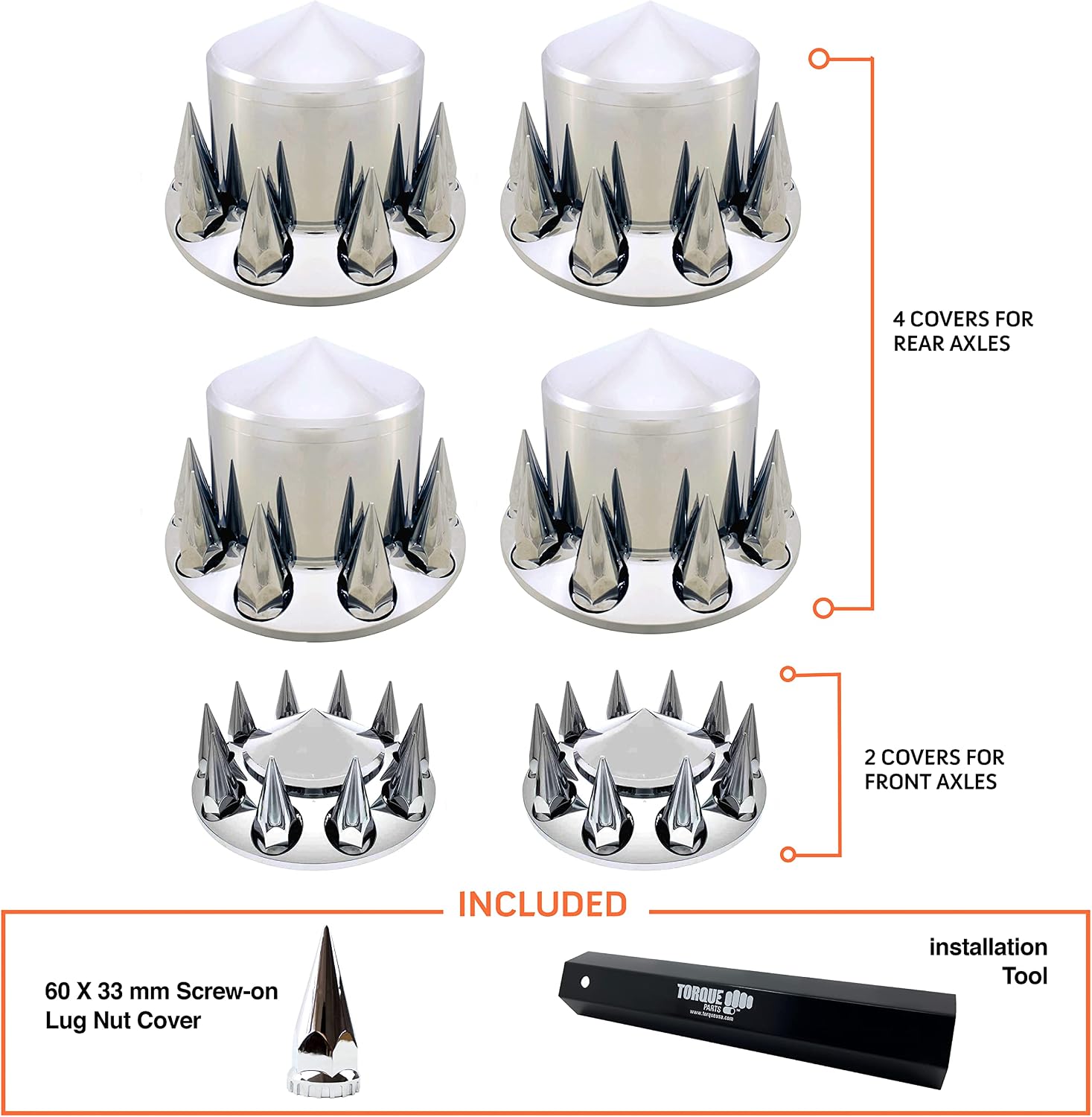 TORQUE Chrome Spiked Front and Rear Axle Complete Wheel Cover Set 33mm Screw-on Lug Nut Covers for Semi Trucks (Installation Tool Included) Standart Hub Caps Kit (2 Front & 4 Rear) (TR571)