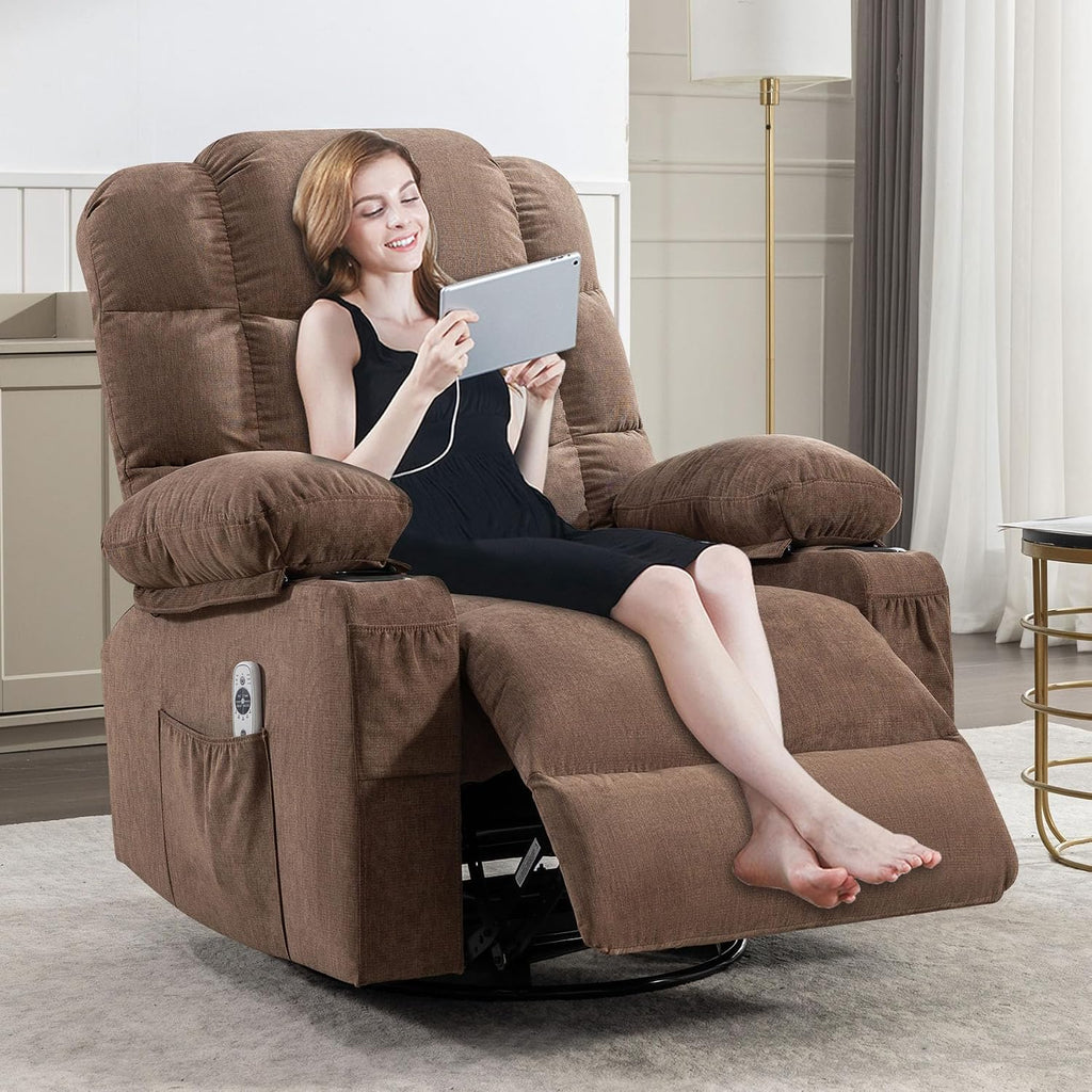 Massage Chair Recliner with Heat&USB,Comfotable Lazy Boy Recliner Chair with Cup Holder&2 Side Pockets,Manual Recliner Chair for Adults,Bread-Shaped,Heavy Duty,Fabric (Brown2)