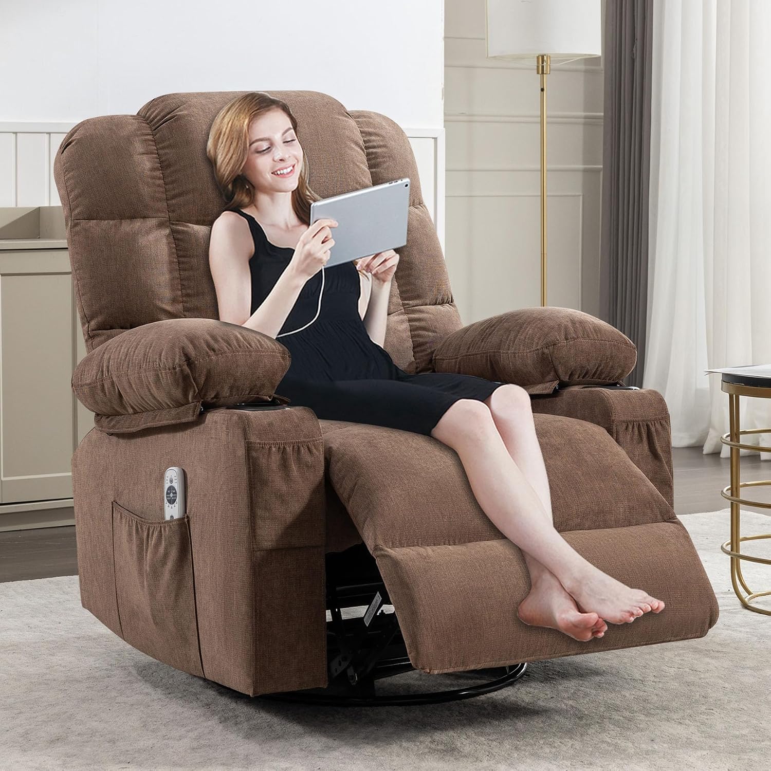Massage Chair Recliner with Heat&USB,Comfotable Lazy Boy Recliner Chair with Cup Holder&2 Side Pockets,Manual Recliner Chair for Adults,Bread-Shaped,Heavy Duty,Fabric (Brown2)