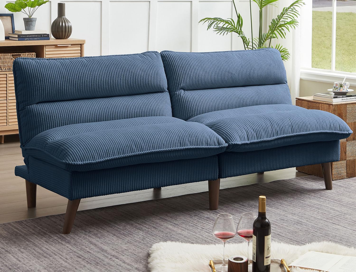 72' Futon Sofa Bed, Futon Couch with Adjustable Backrest, Recliner Small Loveseat for Living Room, Office, Apartment, Corduroy Loveseat, Blue