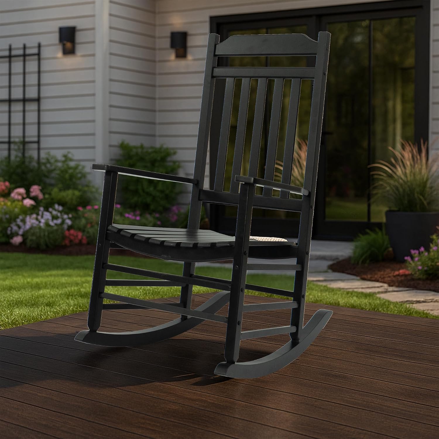 Kozyard Wooden Rocking Chair, Solid Wood Outdoor Rocker Chair with High Back & Slatted Seat, Ergonomic Porch Rocking Chair for Patio, Balcony, Garden, Indoor Outdoor Use (Black)