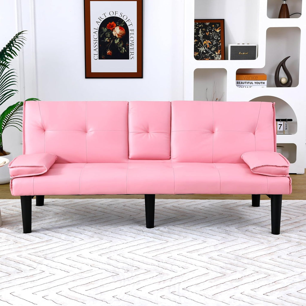 KEIKI Sleeper Sofa Bed with Cup Holder, 3 in 1 Convertible Futon Sofa Bed for Living Room, Dorm, Home Office, Pink