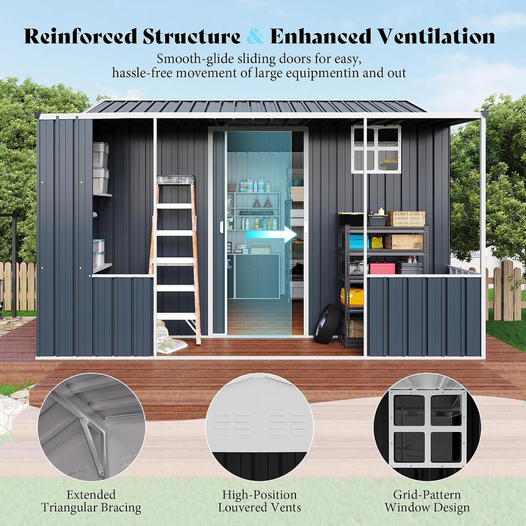 VanAcc 10×10.5×7 FT Metal Storage Shed, Dual-Zone Tool Shed with Work Area, Reinforced Frame, Gable Roof, Ventilated Design, Dark Grey