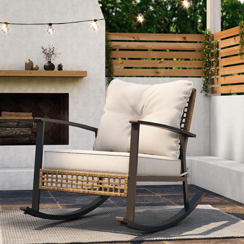 LAUSAINT HOME Outdoor Wicker Rocking Chair, Oversized Patio Chair Comfy Rocker Chair with Thick Cushion, Modern Cozy Lounge Chair for Living Room,Bedroom,Garden(Beige)