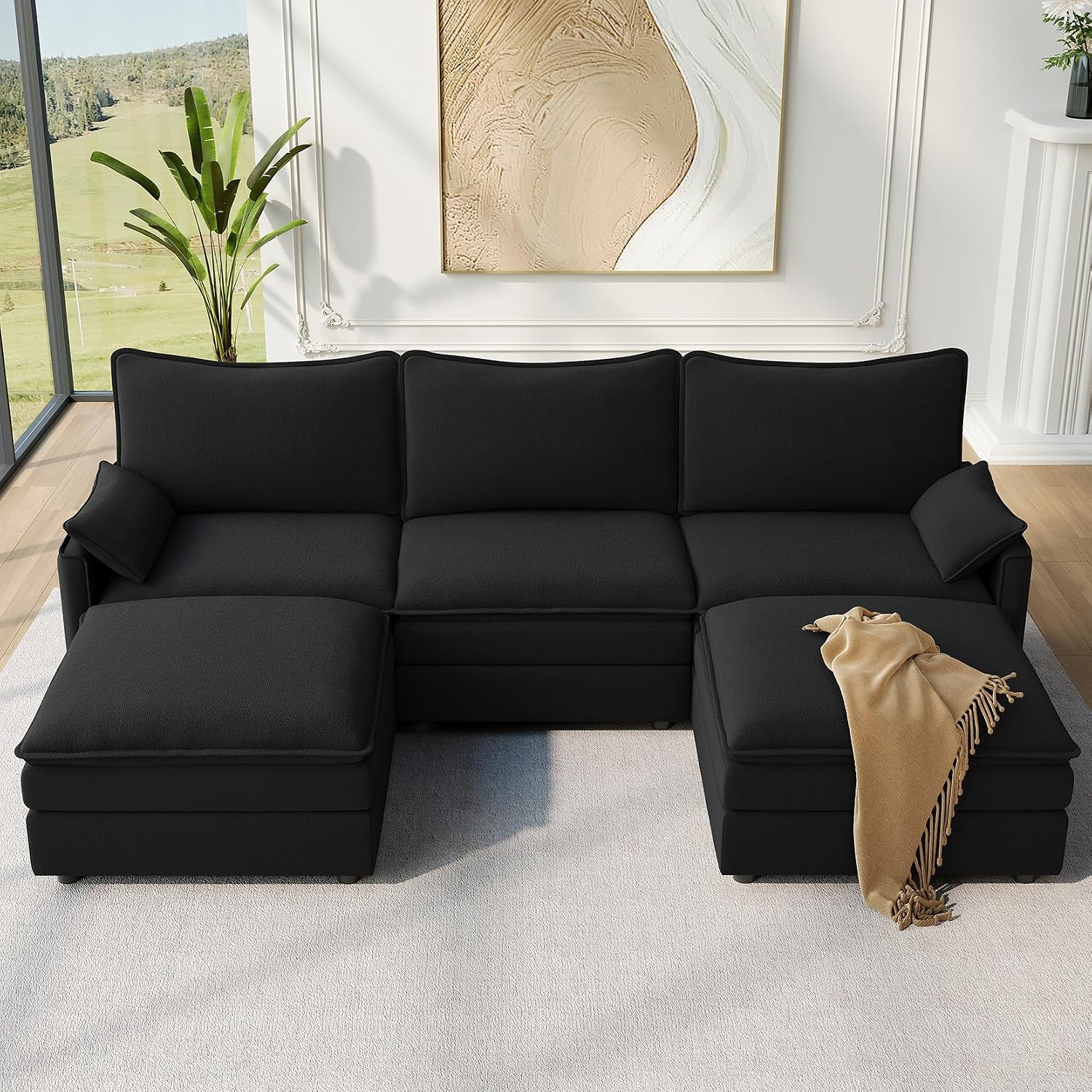 Vesgantti 108' U Shaped Sectional Couch, Comfy Cloud Modular Sectional Sofa with 2 Ottoman Deep Seat Chenille Modern Cloud Sofa, Modular Sofas for Living Room, Bedroom and Apartment, Black