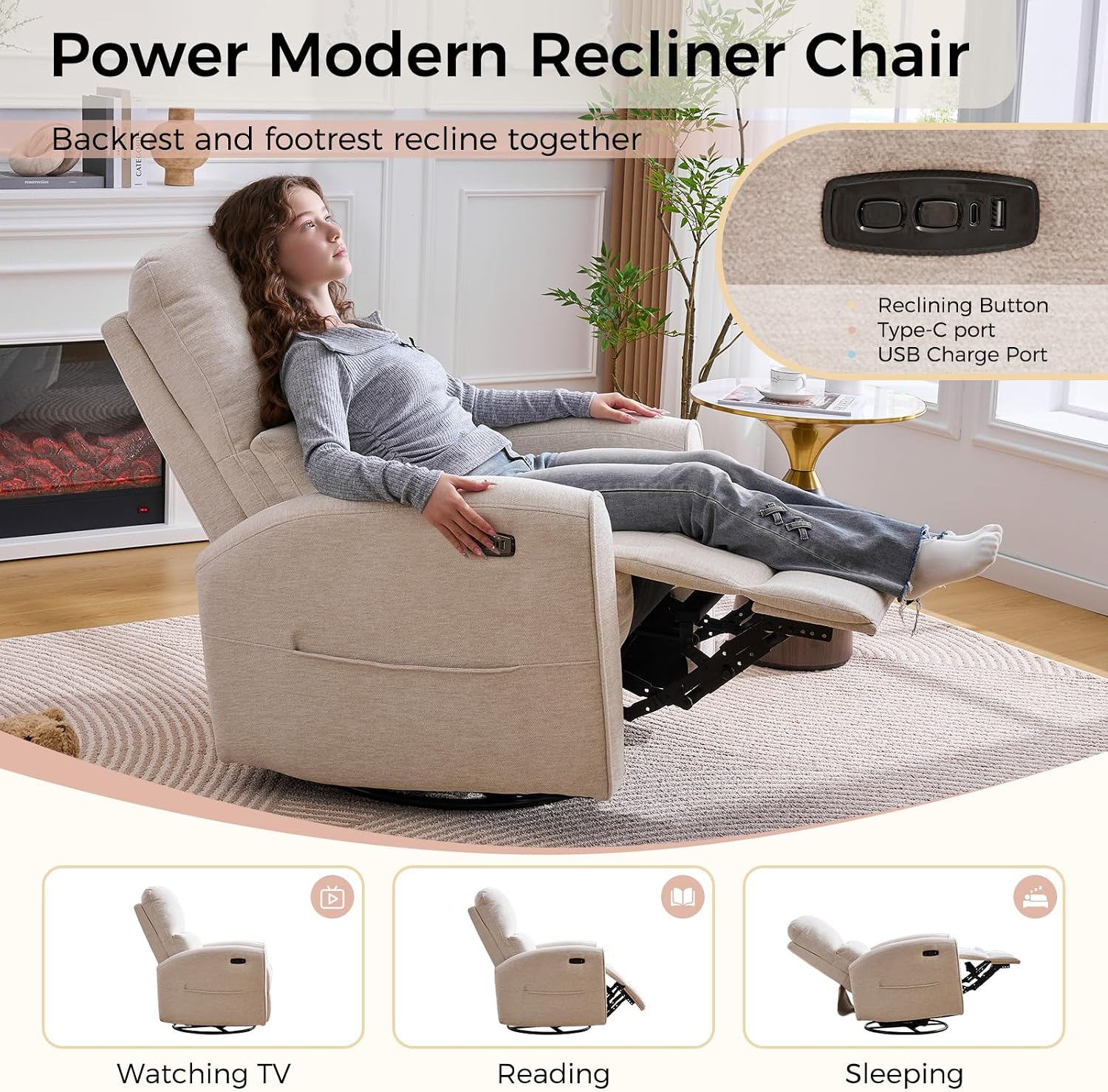 Power Swivel Rocker Recliner, Swivel Glider Nursery Recliner Chair with Lumbar Support, Upholstered Rocking Electric Recling Chairs for Adults Nursery, Living Room, Bedroom, Camel