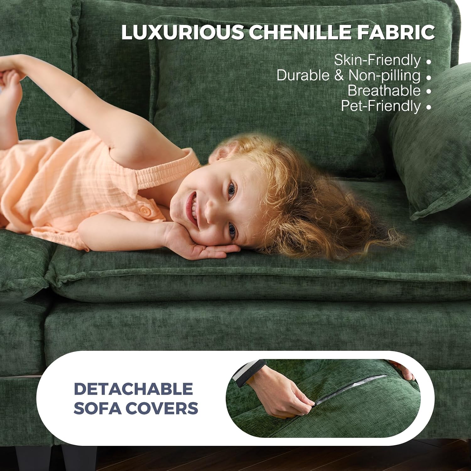 ELUCHANG 116' L Shaped Modular Sectional Cloud Couch with Pillow, Deep Seat Sofa Couches for Living Room, 4-Seat Modern Sofa with Movable Ottoman, Chenille Green