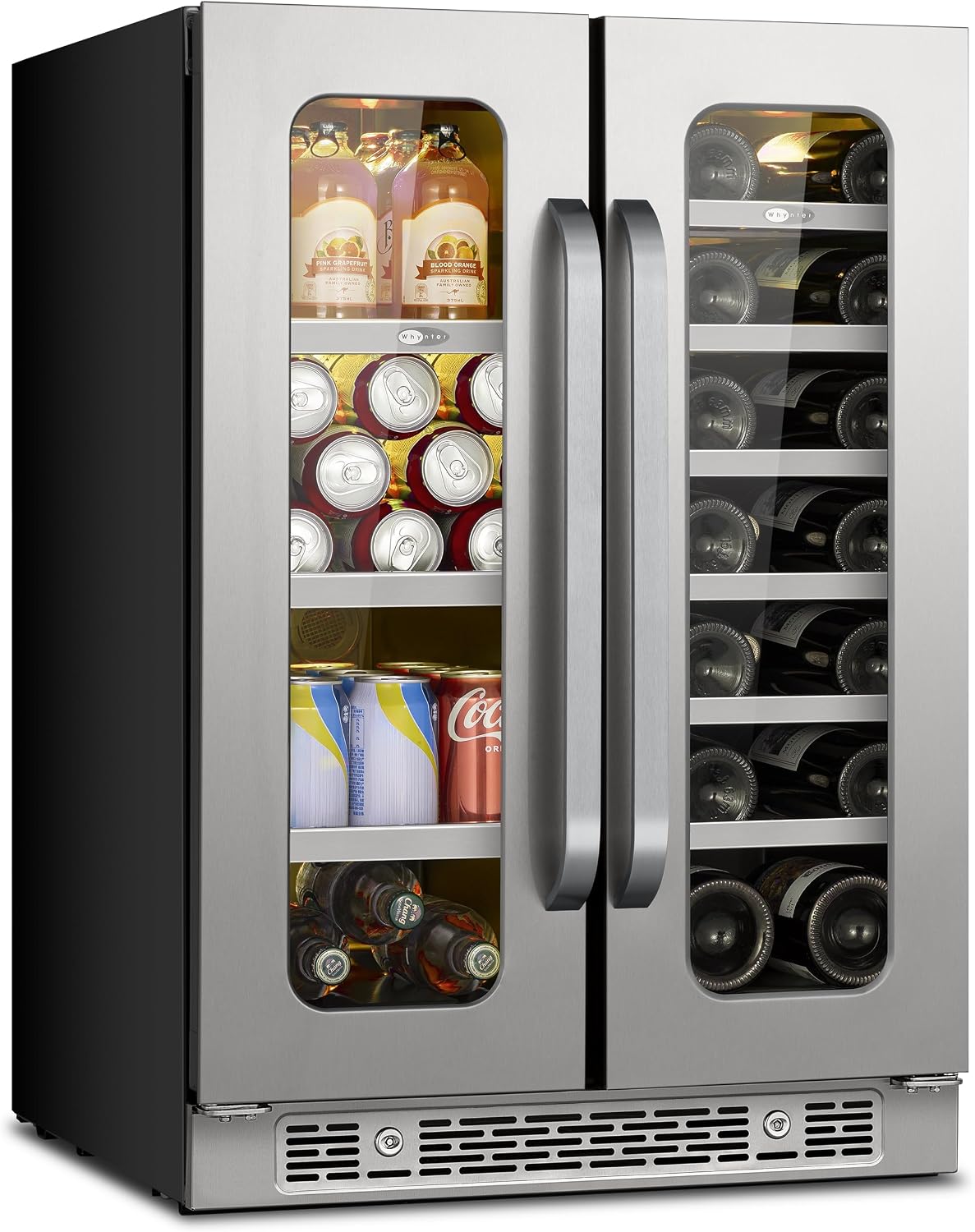Whynter 24 Inch Dual Zone Wine and Beverage Refrigerator, 20 Bottle 60 Can Wine Fridge with Glass Door, 36-72°F Built-in Freestanding Under Counter Wine Cooler with 3 LED Light(4.1 cu.ft)