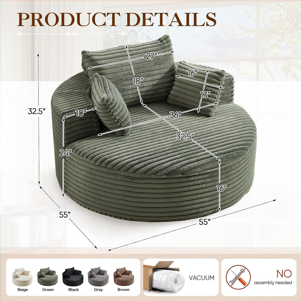 Oversized Round Chaise Longue Chair Indoor, Modern 55-inch Upholstered Corduroy Deep Seat Circle Single Cloud Lounge Floor Sofa Chair for Living Room, Bedroom Apartment, Green