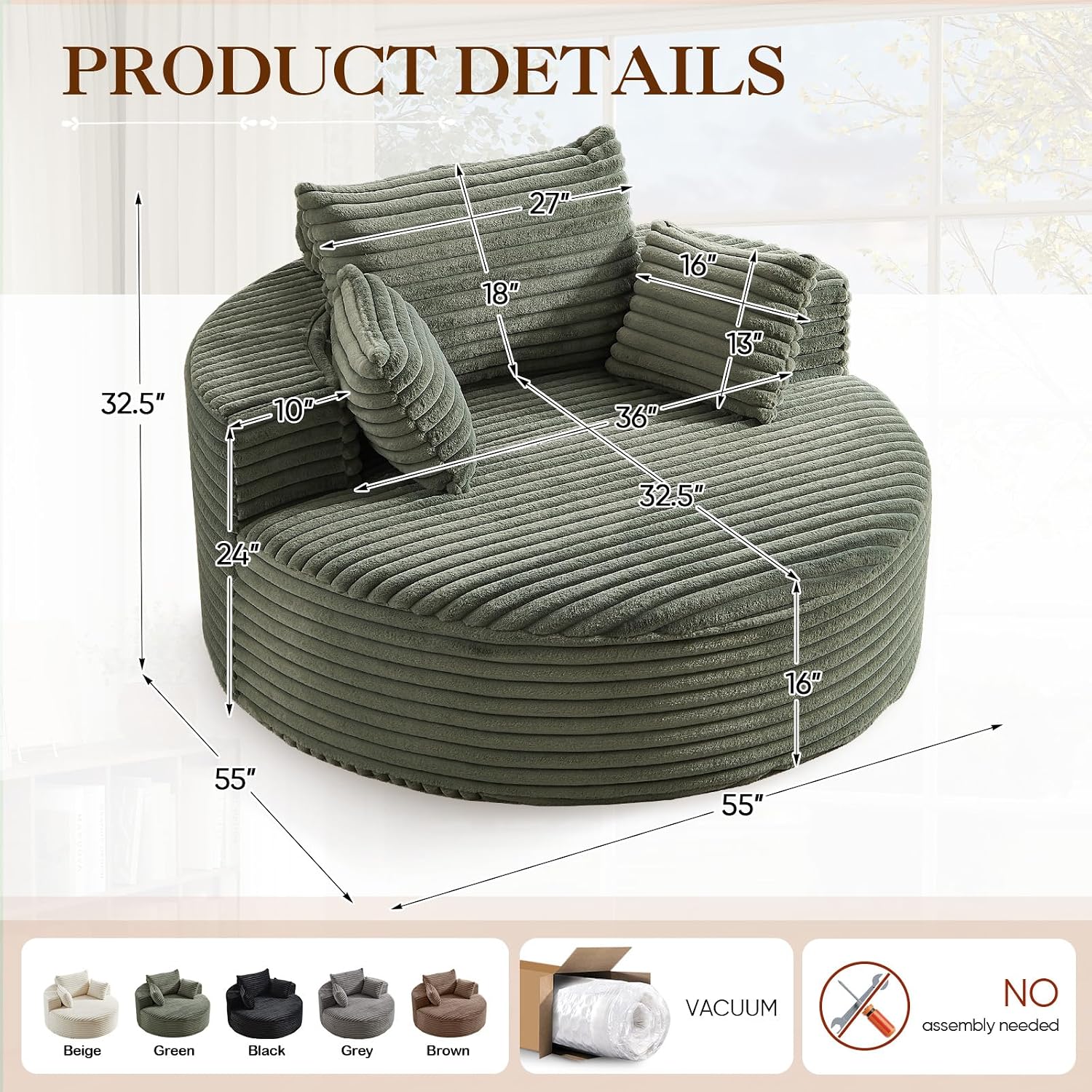 Oversized Round Chaise Longue Chair Indoor, Modern 55-inch Upholstered Corduroy Deep Seat Circle Single Cloud Lounge Floor Sofa Chair for Living Room, Bedroom Apartment, Green